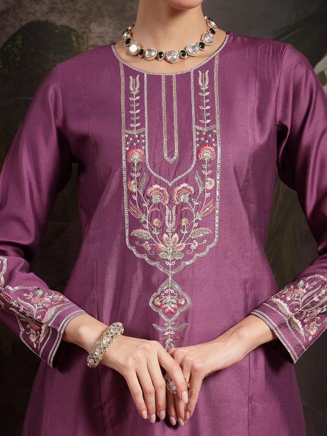 Purple Thread Work A-Line Kurta Trouser Dupatta Set