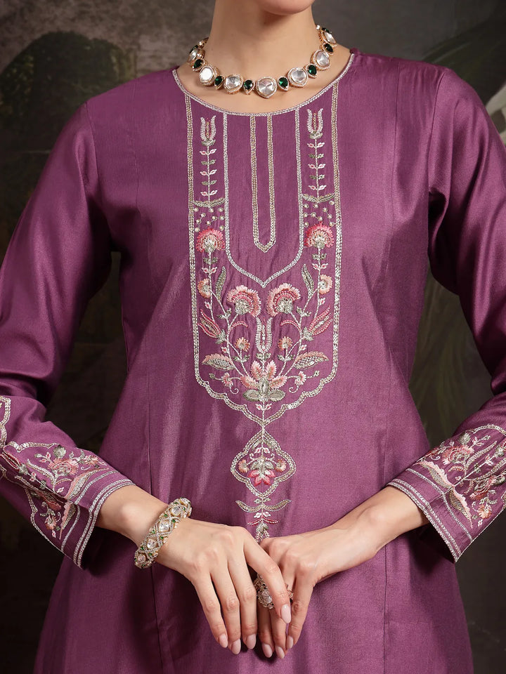 Purple Thread Work A-Line Kurta Trouser Dupatta Set