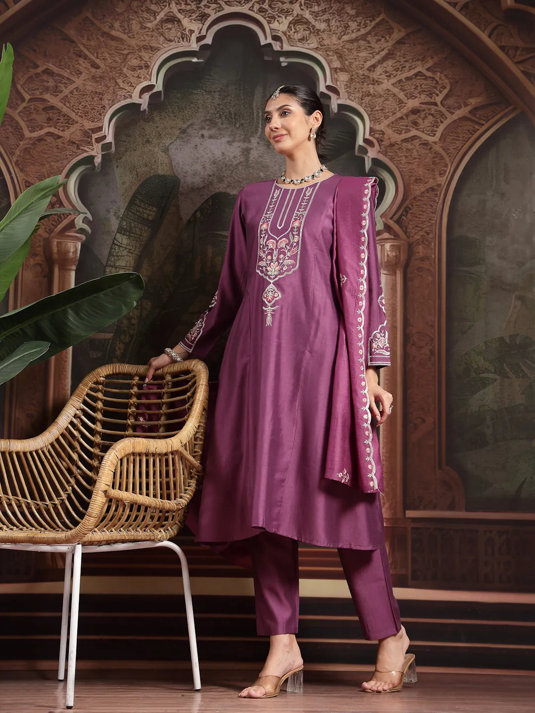 Purple Thread Work A-Line Kurta Trouser Dupatta Set