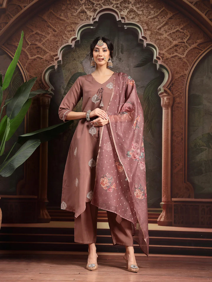 Brown Zari-Work A-Line Kurta Trouser Dupatta Set