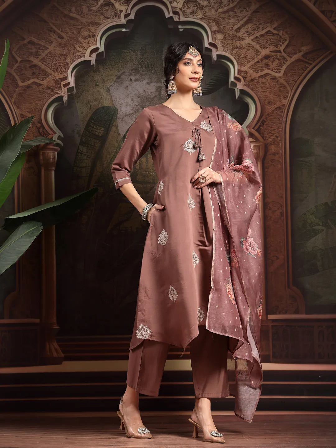 Brown Zari-Work A-Line Kurta Trouser Dupatta Set