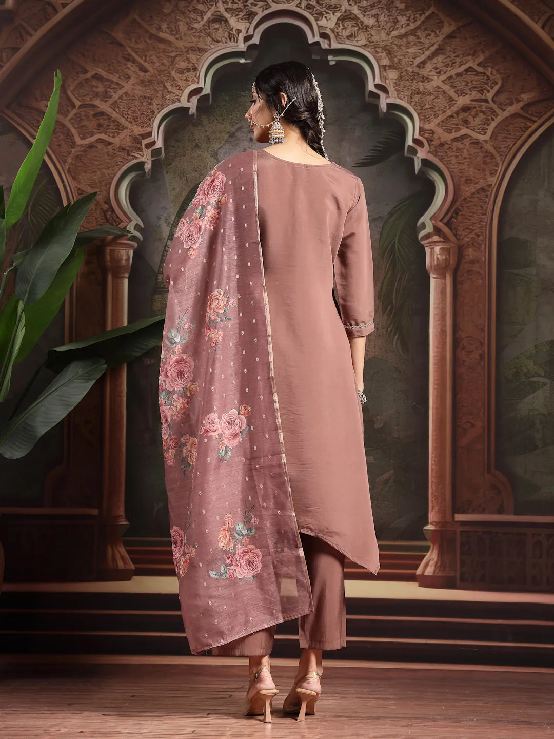 Brown Zari-Work A-Line Kurta Trouser Dupatta Set