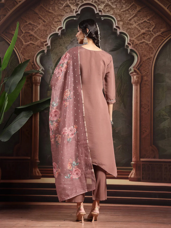 Brown Zari-Work A-Line Kurta Trouser Dupatta Set