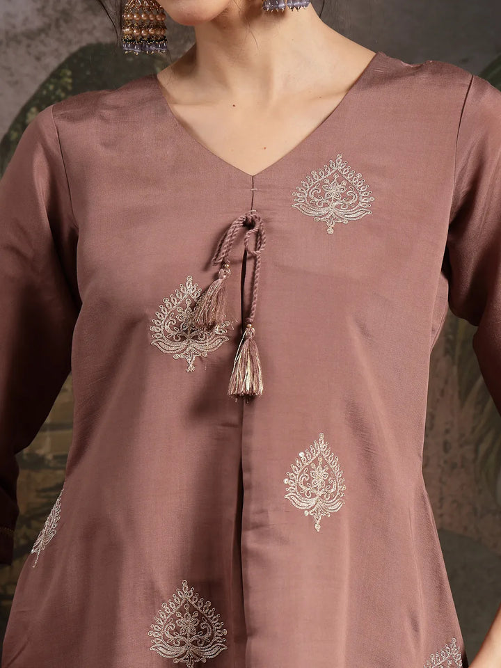Brown Zari-Work A-Line Kurta Trouser Dupatta Set
