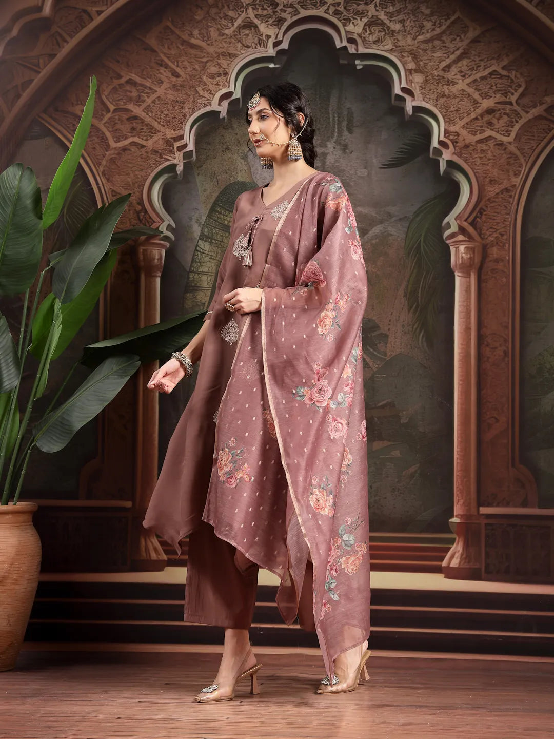 Brown Zari-Work A-Line Kurta Trouser Dupatta Set
