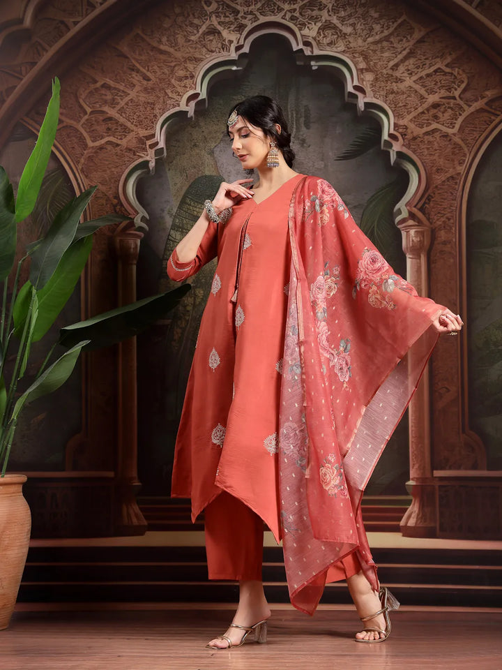 Rust Zari-Work A-Line Kurta Trouser Dupatta Set