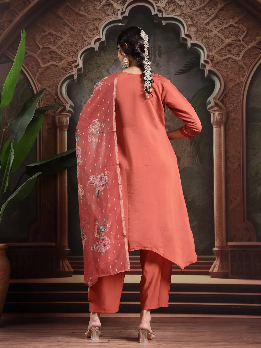 Rust Zari-Work A-Line Kurta Trouser Dupatta Set