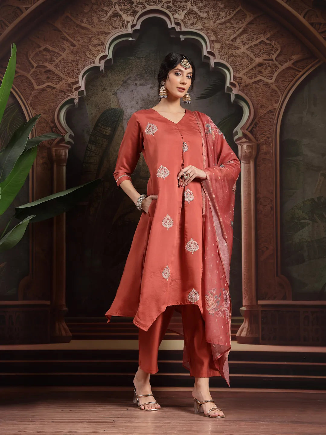 Rust Zari-Work A-Line Kurta Trouser Dupatta Set