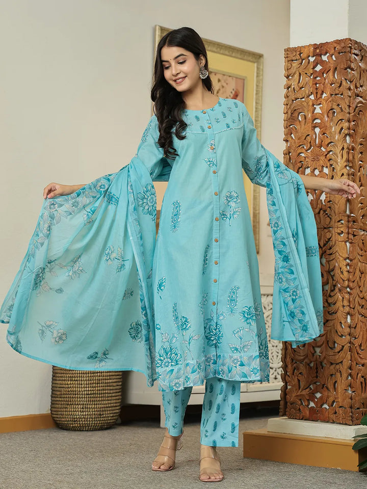 Sky Blue Floral Print Pure Cotton Kantha Work A-Line Kurta Trouser Dupatta Set