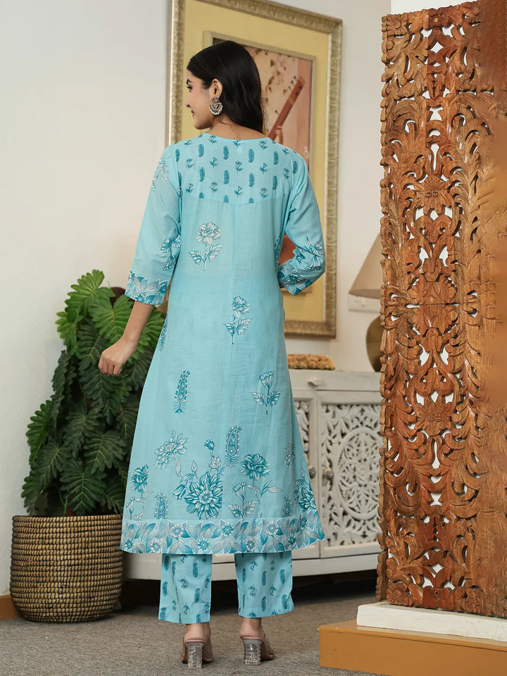 Sky Blue Floral Print Pure Cotton Kantha Work A-Line Kurta Trouser Dupatta Set