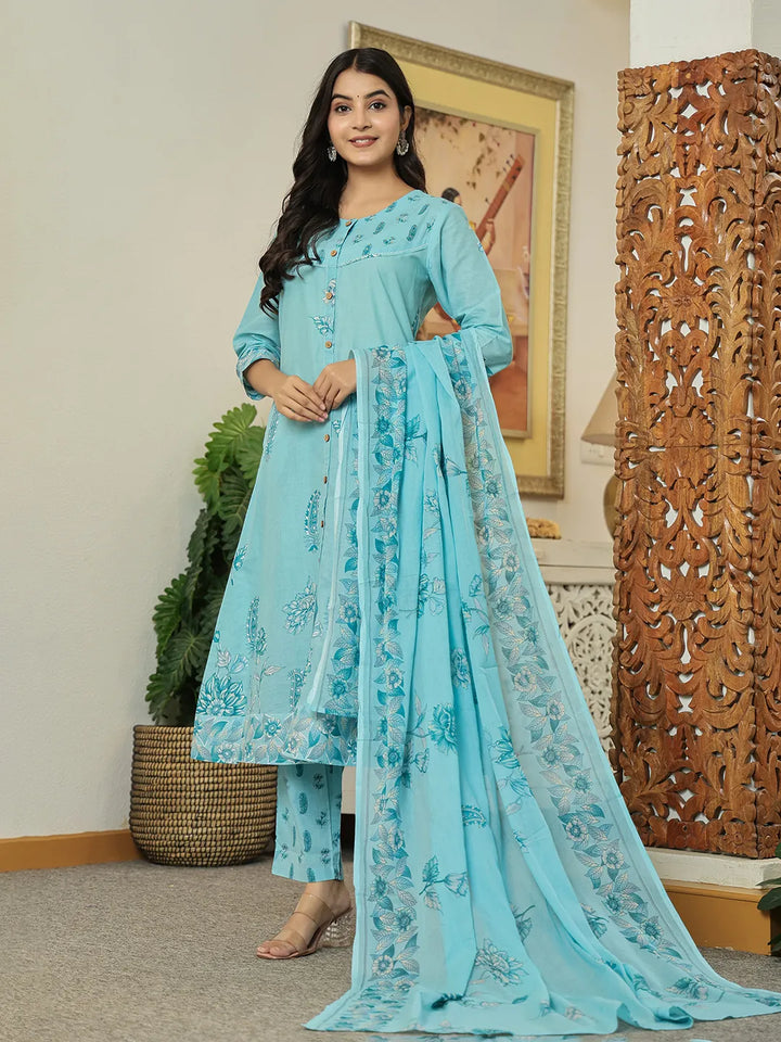 Sky Blue Floral Print Pure Cotton Kantha Work A-Line Kurta Trouser Dupatta Set