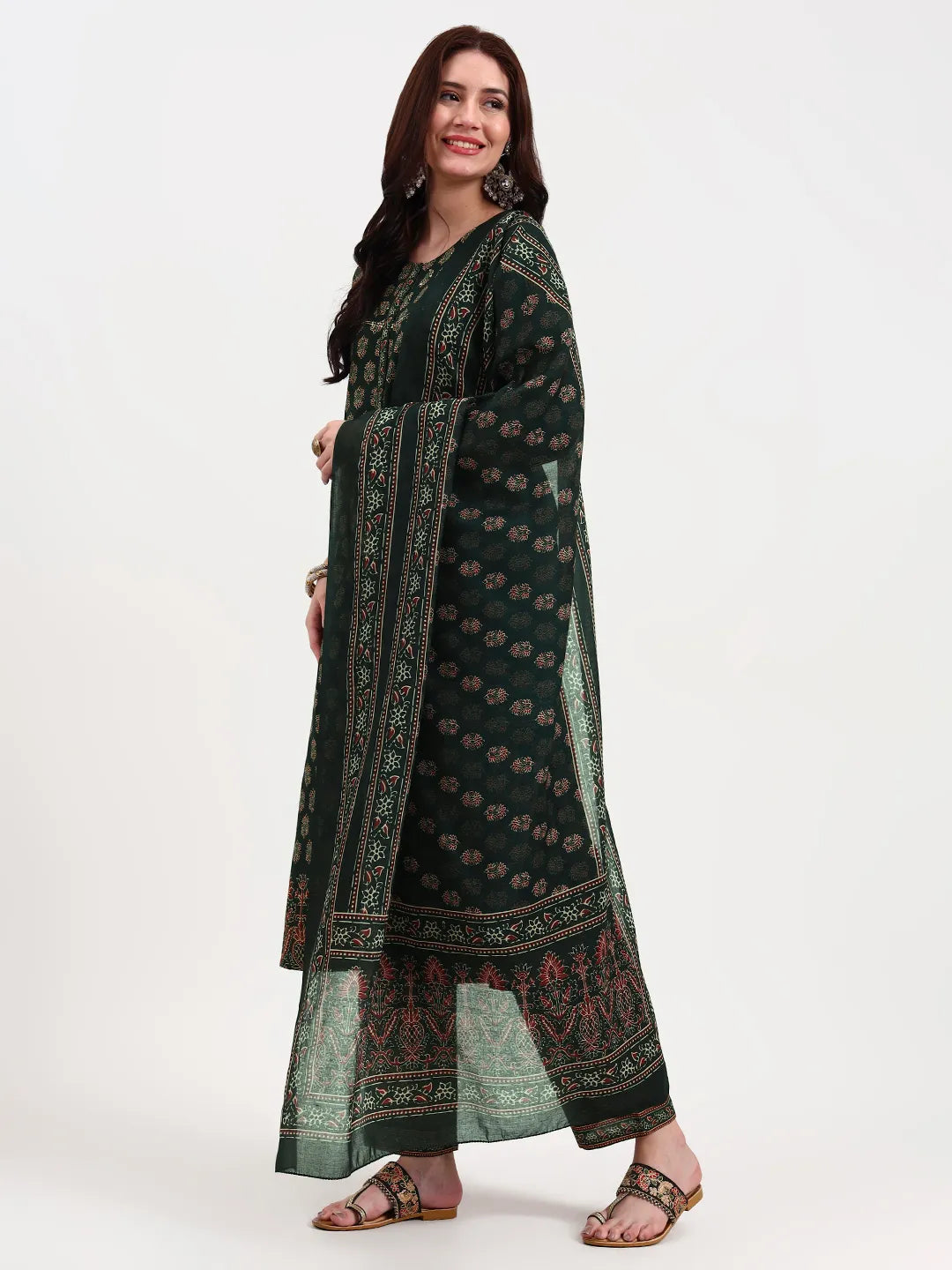 Green Pure Cotton A Flared Kurta Set With Pant And Dupatta