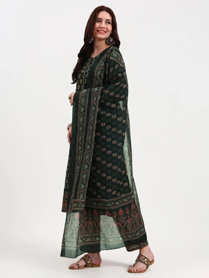 Green Pure Cotton A Flared Kurta Set With Pant And Dupatta