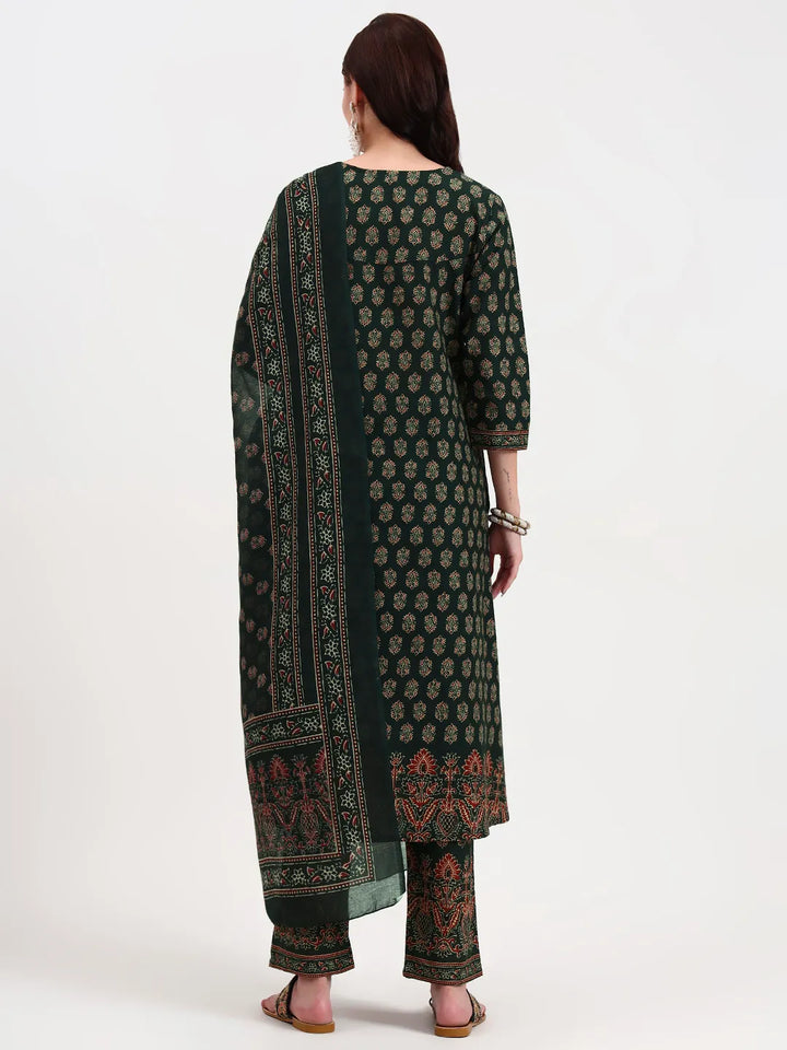Green Pure Cotton A Flared Kurta Set With Pant And Dupatta