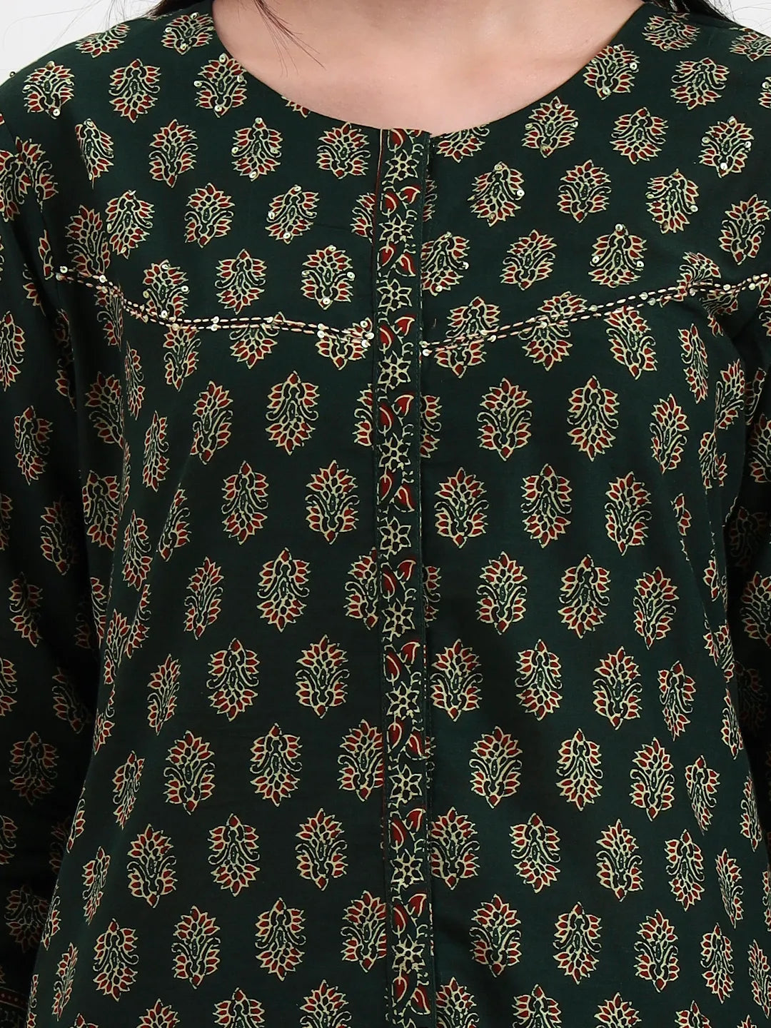 Green Pure Cotton A Flared Kurta Set With Pant And Dupatta