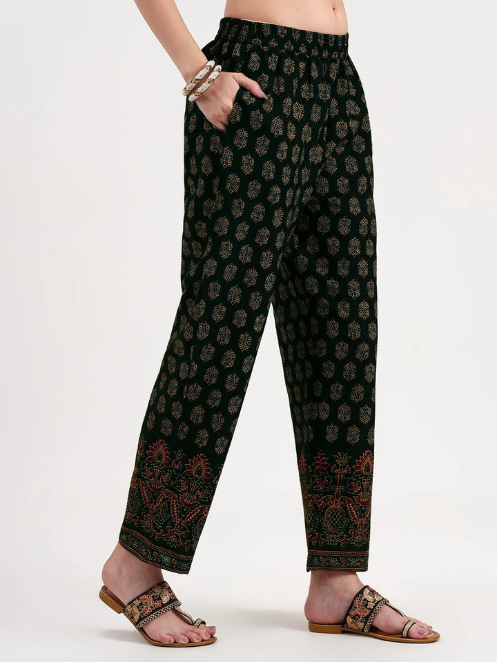 Green Pure Cotton A Flared Kurta Set With Pant And Dupatta