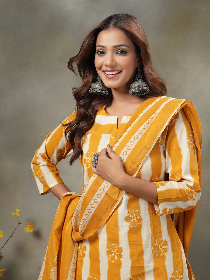 Mustard Floral Print Cotton Straight Kurta Palazoo Dupatta Set