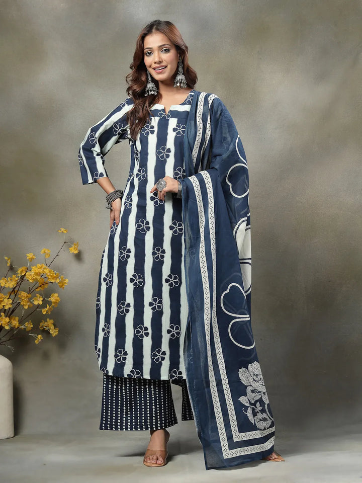 Navy Blue Floral Print Cotton Straight Kurta Palazoo Dupatta Set