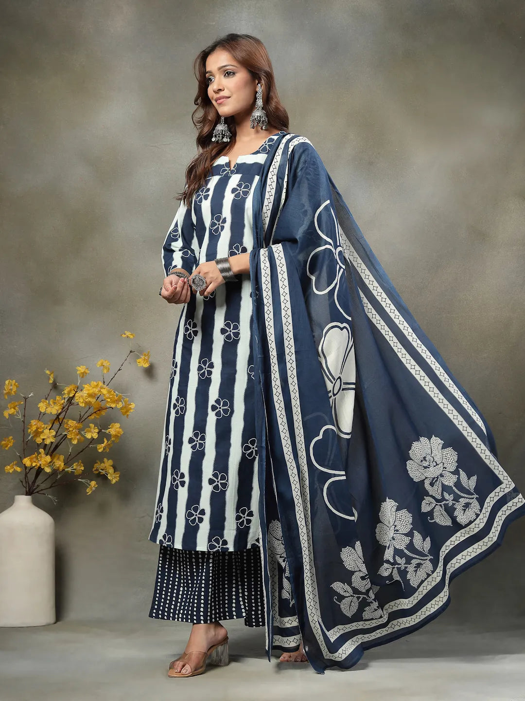 Navy Blue Floral Print Cotton Straight Kurta Palazoo Dupatta Set