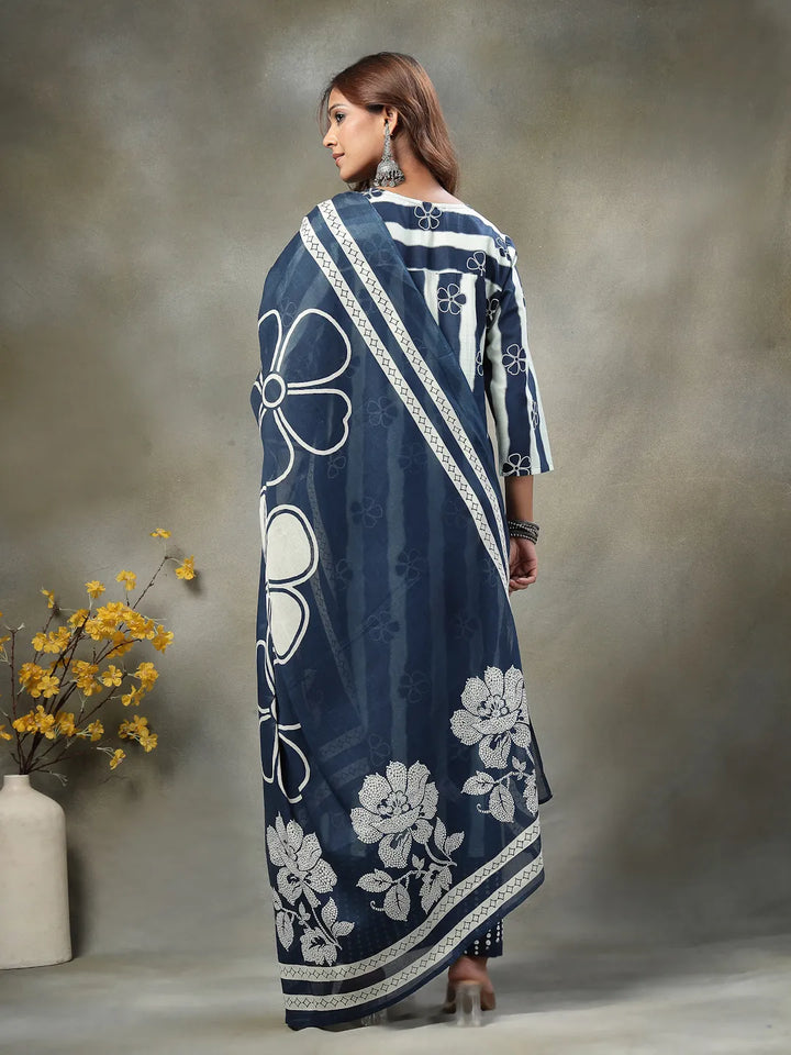 Navy Blue Floral Print Cotton Straight Kurta Palazoo Dupatta Set