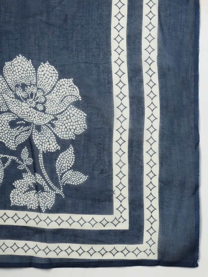 Navy Blue Floral Print Cotton Straight Kurta Palazoo Dupatta Set