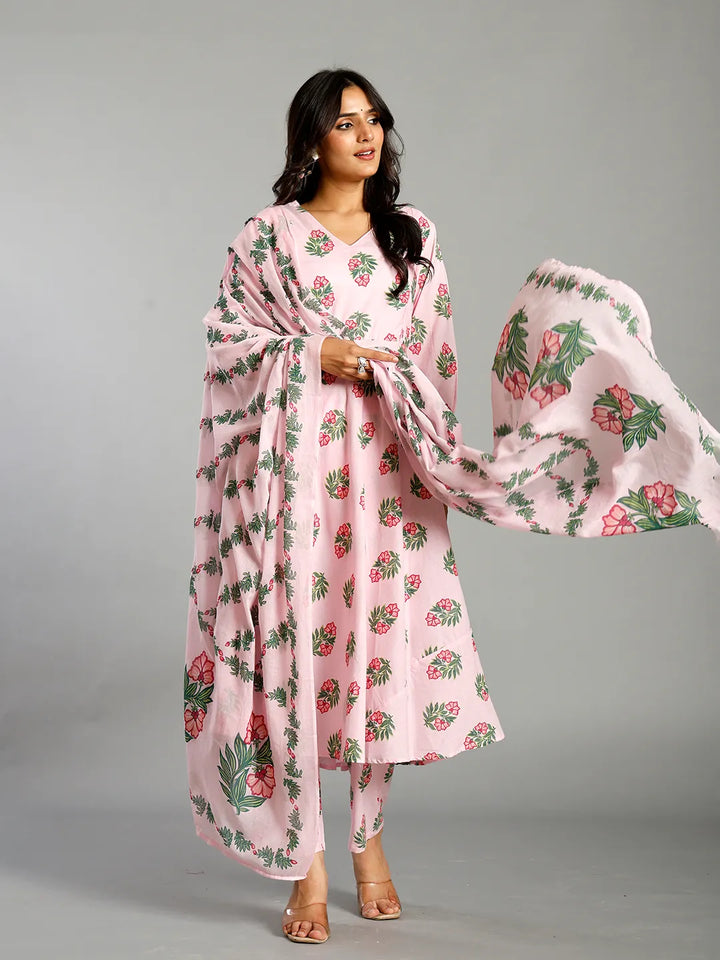 Light Pink Block Print Cotton A-Line Maternity Kurta Trouser Dupatta Set