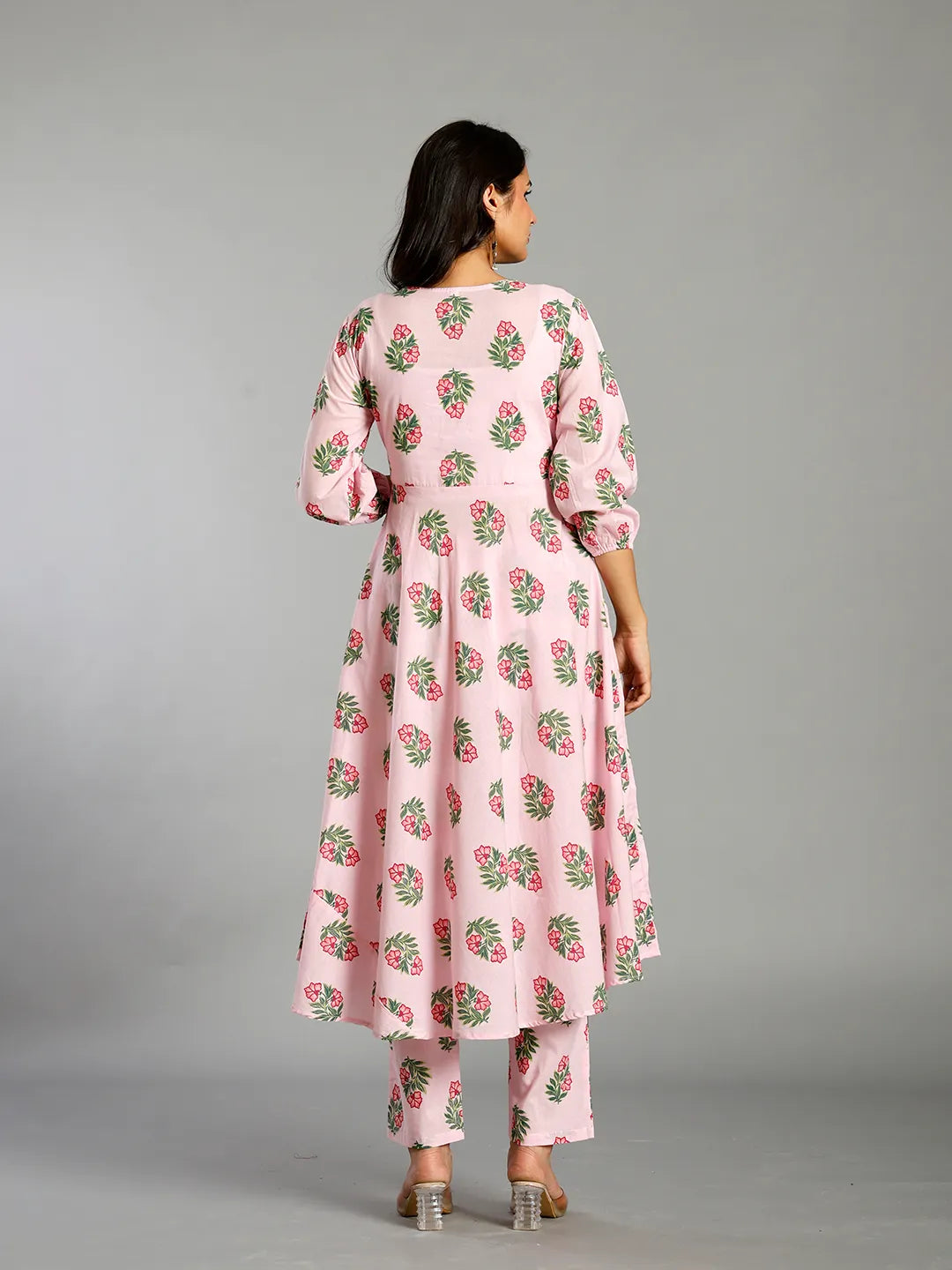 Light Pink Block Print Cotton A-Line Maternity Kurta Trouser Dupatta Set