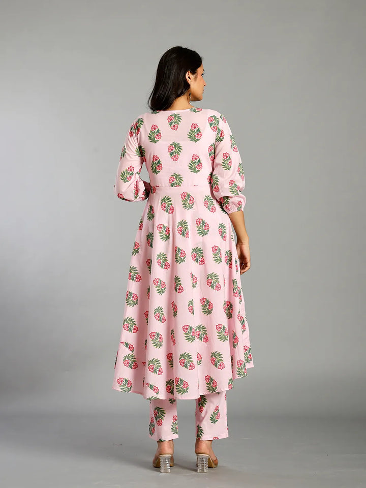 Light Pink Block Print Cotton A-Line Maternity Kurta Trouser Dupatta Set