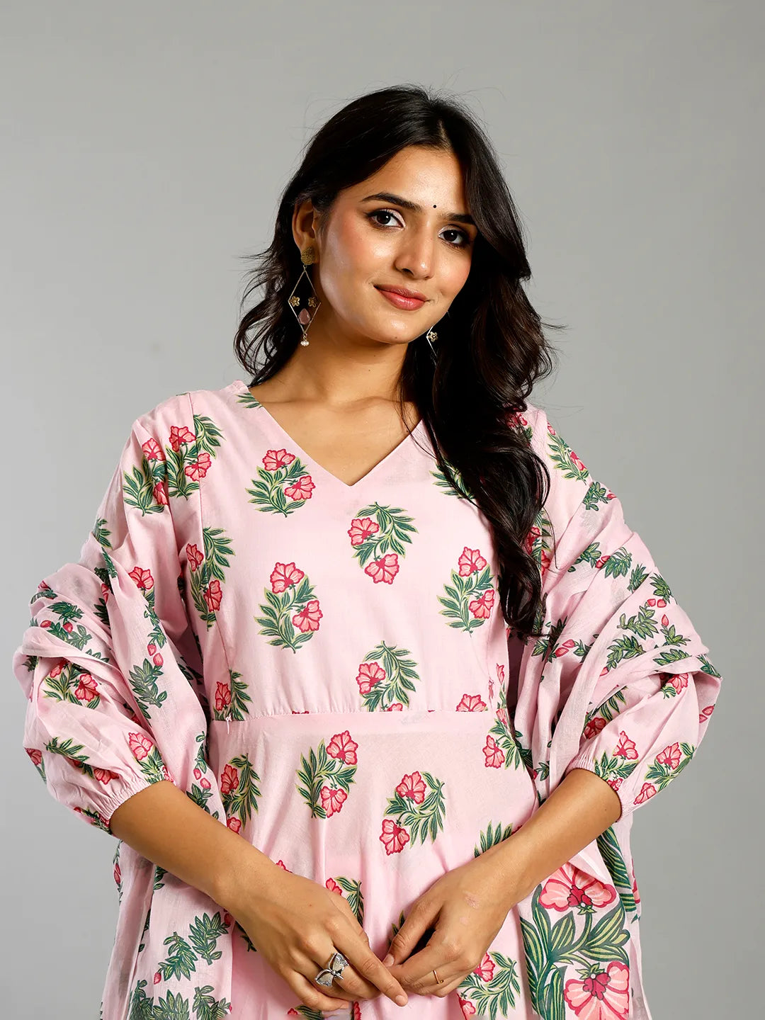 Light Pink Block Print Cotton A-Line Maternity Kurta Trouser Dupatta Set