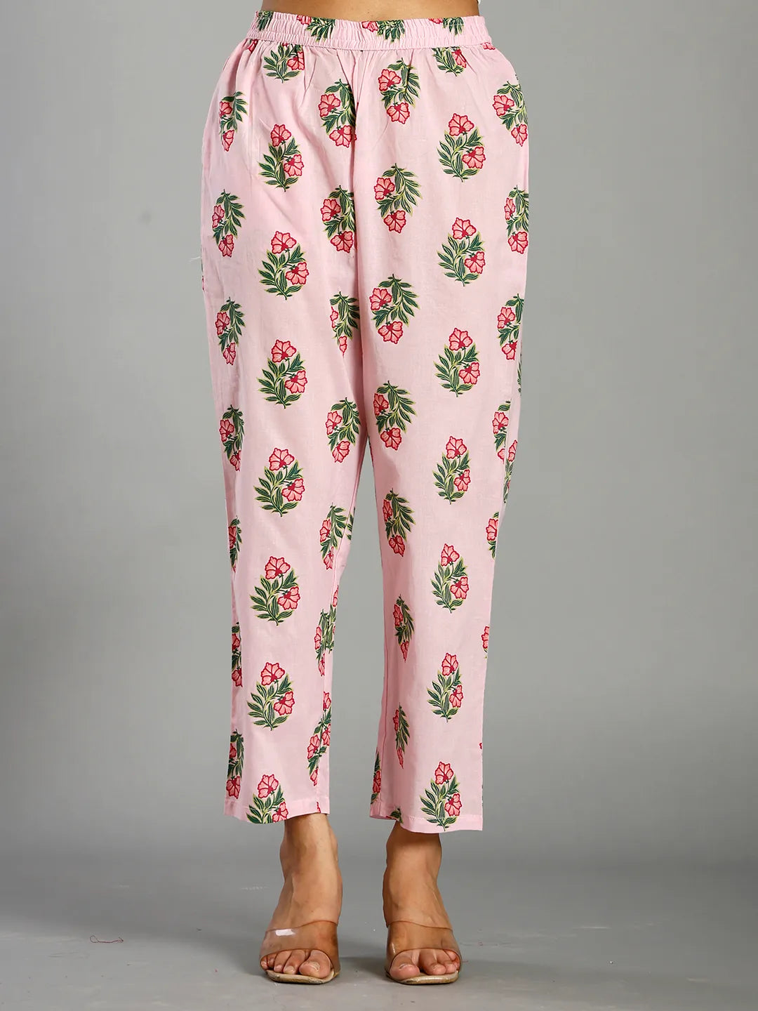 Light Pink Block Print Cotton A-Line Maternity Kurta Trouser Dupatta Set