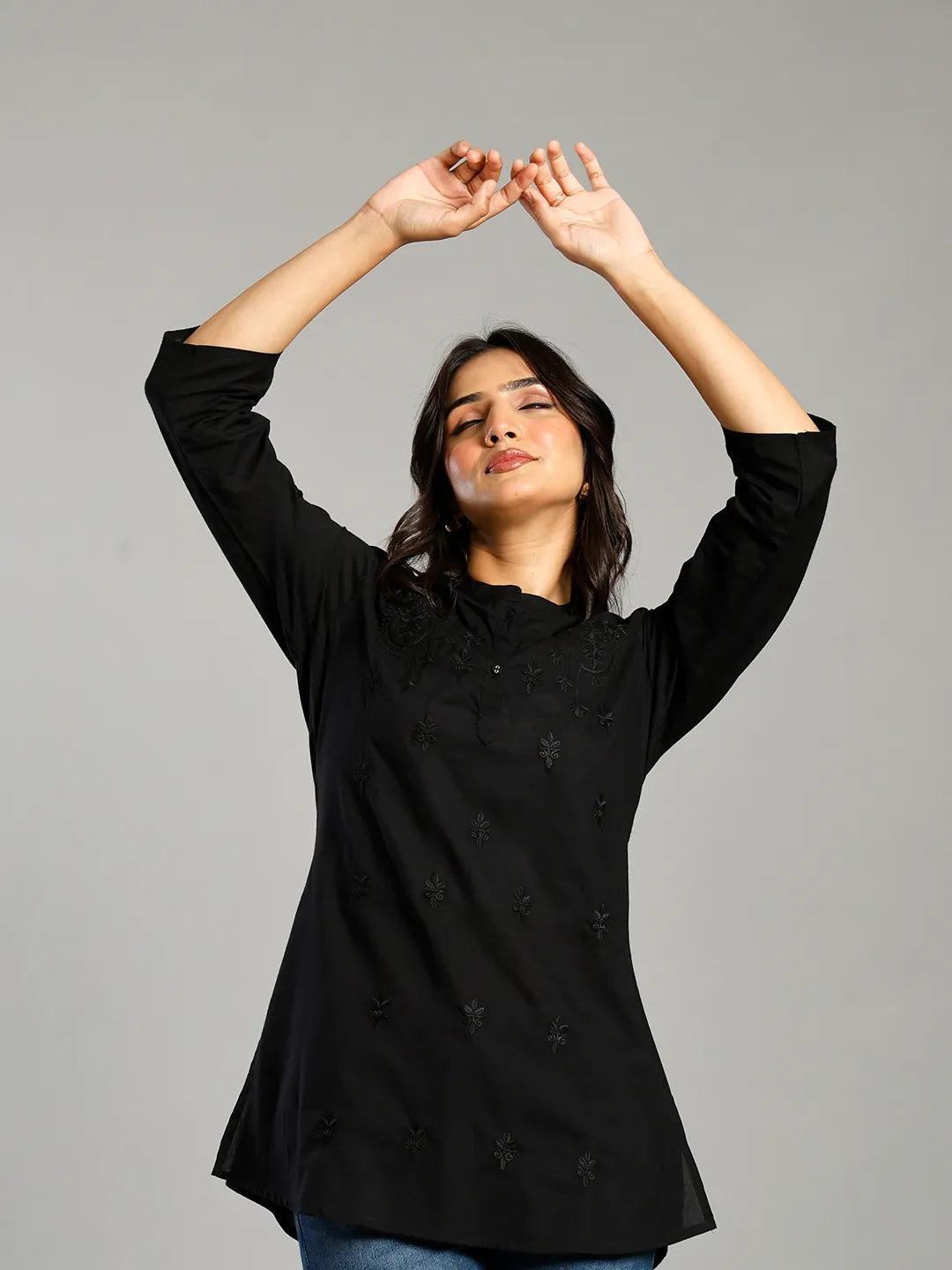 Black Regular Style Top Design Embroidered