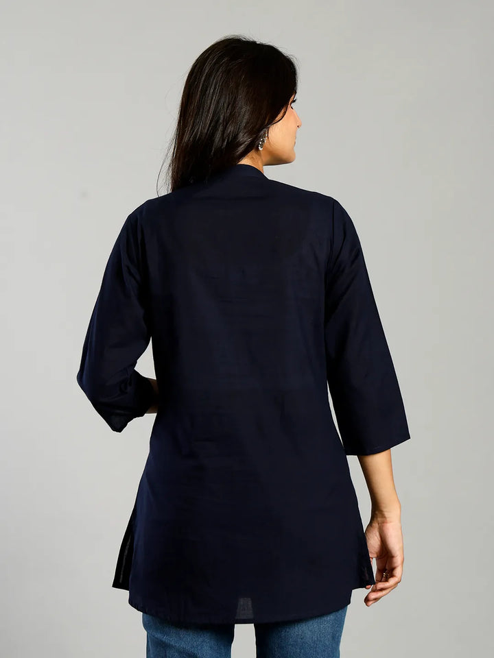 Navy Blue Regular Style Top Design Embroidered