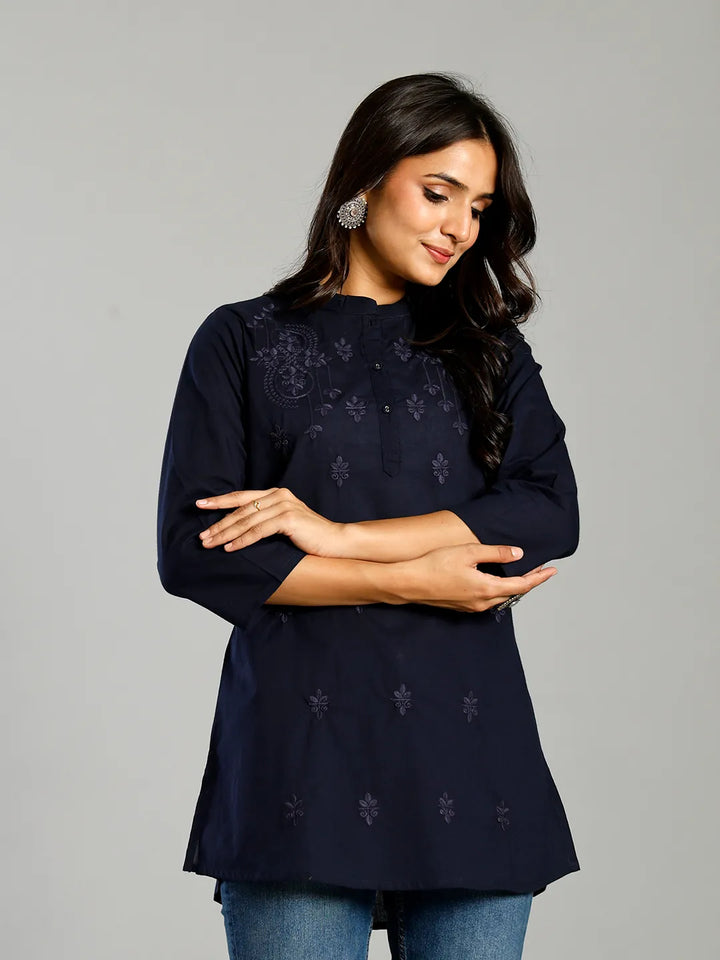 Navy Blue Regular Style Top Design Embroidered