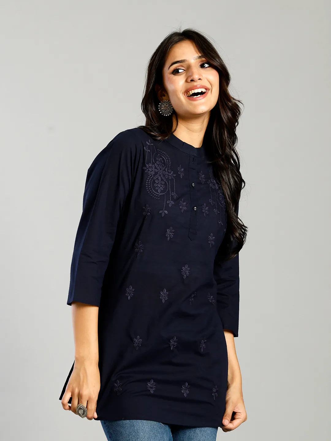 Navy Blue Regular Style Top Design Embroidered