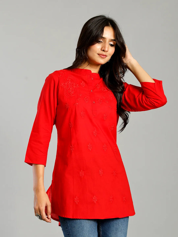 Red Regular Style Top Design Embroidered
