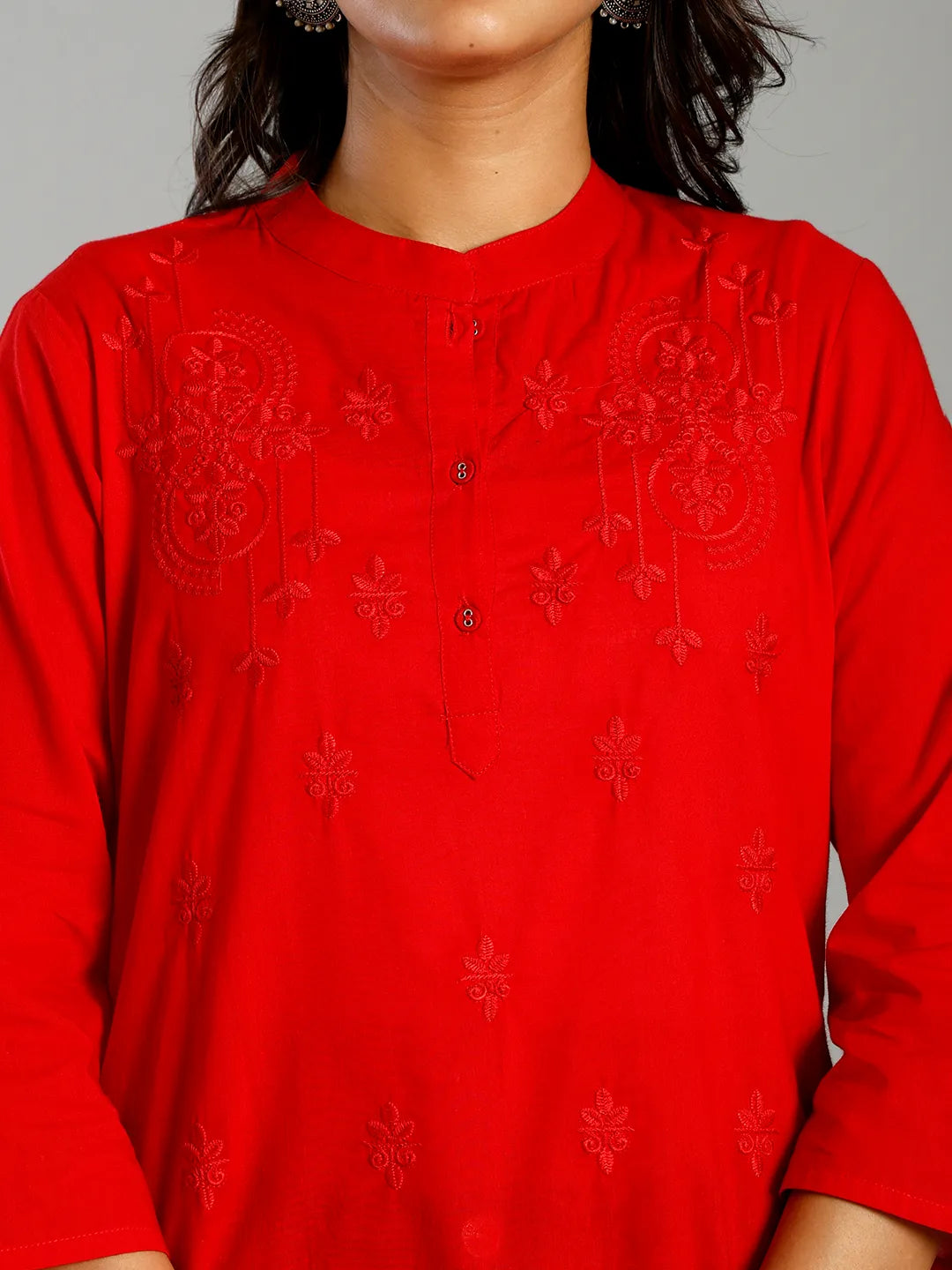 Red Regular Style Top Design Embroidered