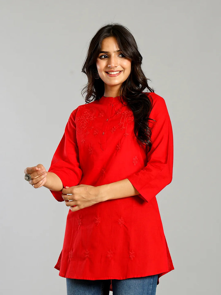 Red Regular Style Top Design Embroidered