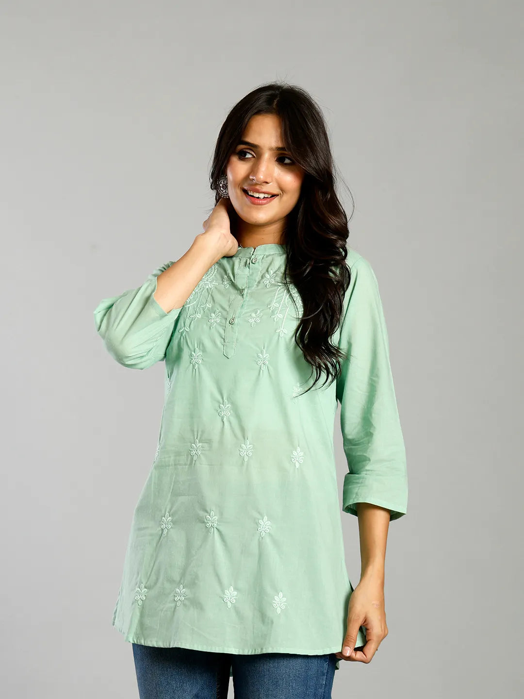 Sea Green Regular Style Top Design Embroidered
