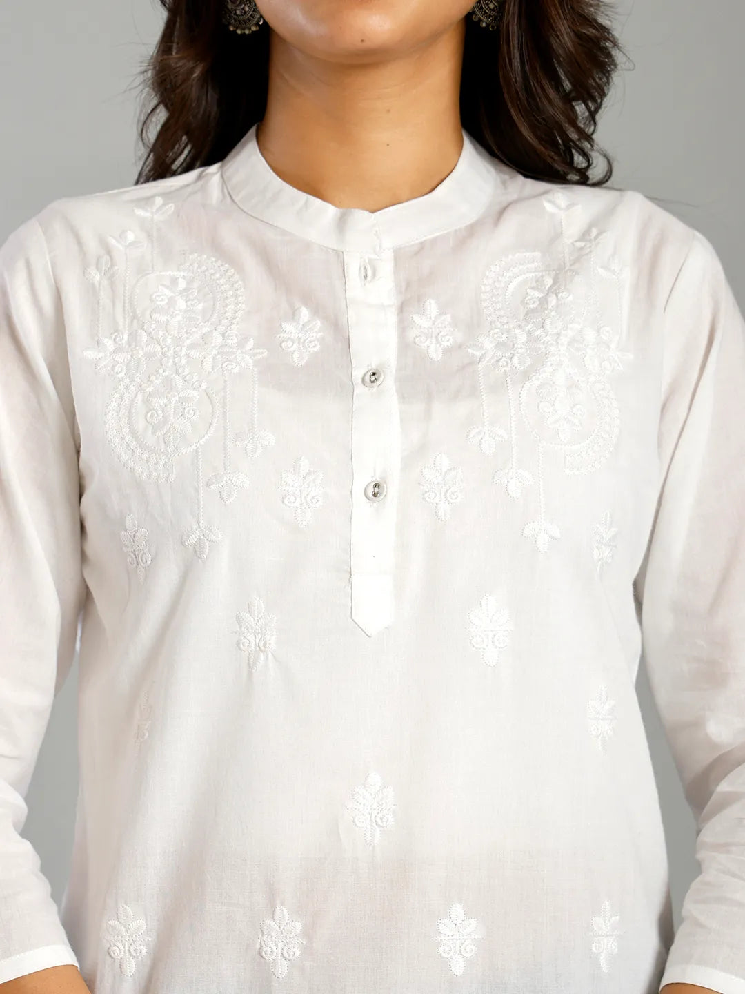 White Regular Style Top Design Embroidered