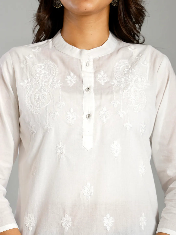 White Regular Style Top Design Embroidered