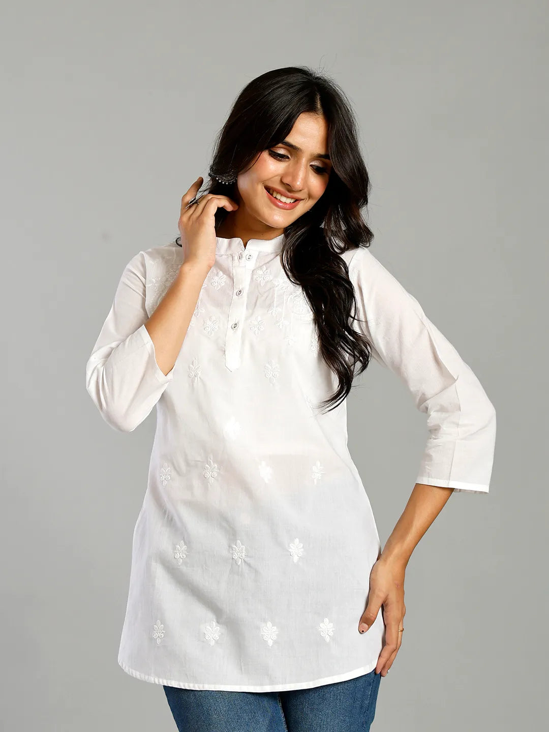 White Regular Style Top Design Embroidered