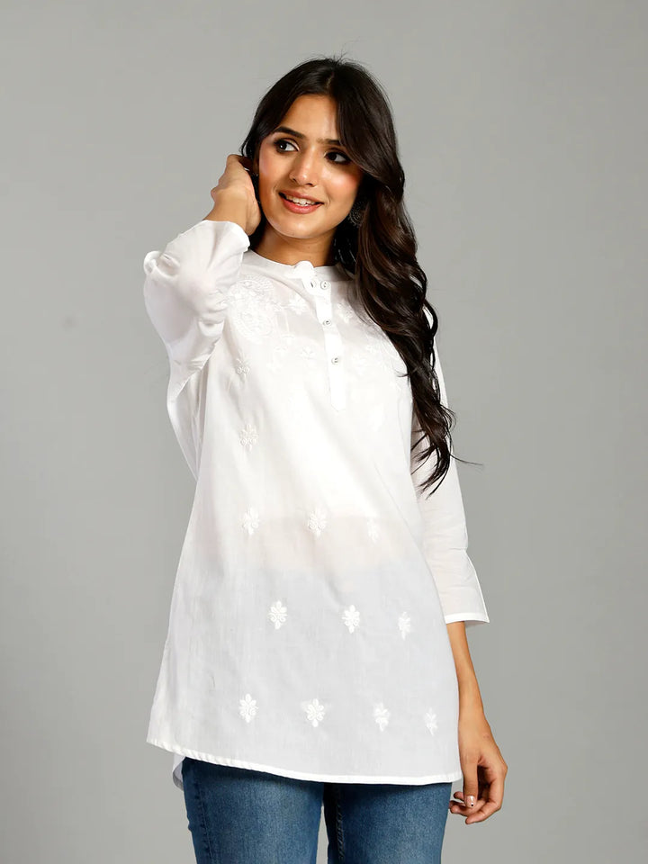 White Regular Style Top Design Embroidered