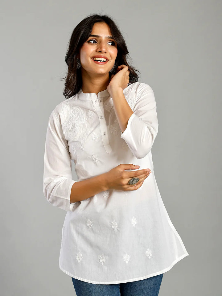 White Regular Style Top Design Embroidered