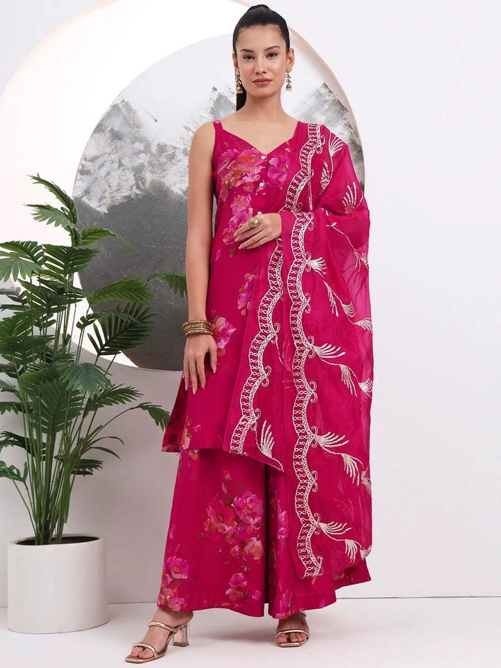 Hot Pink Silk Blend A-Line Kurta Palazoo Set