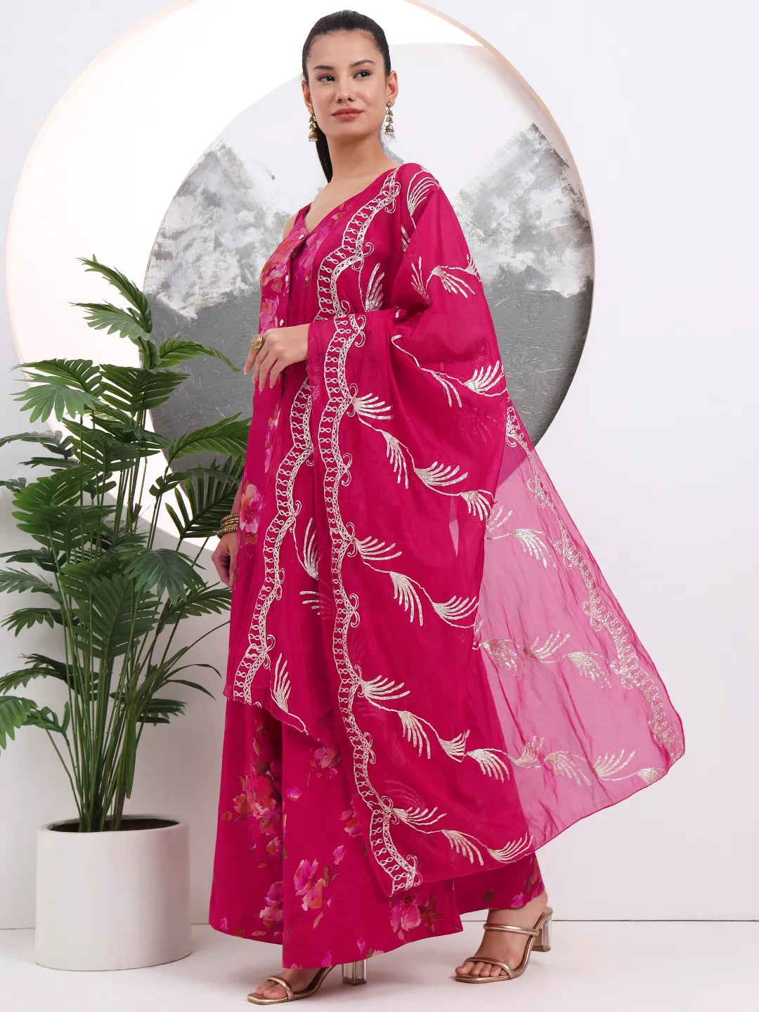 Hot Pink Silk Blend A-Line Kurta Palazoo Set