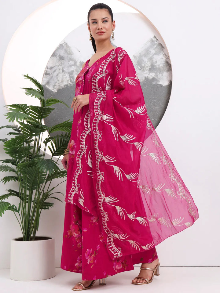Hot Pink Silk Blend A-Line Kurta Palazoo Set