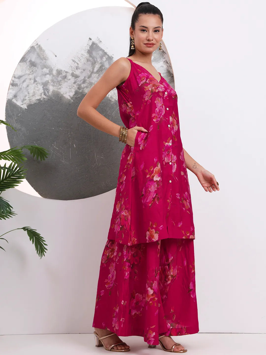 Hot Pink Silk Blend A-Line Kurta Palazoo Set