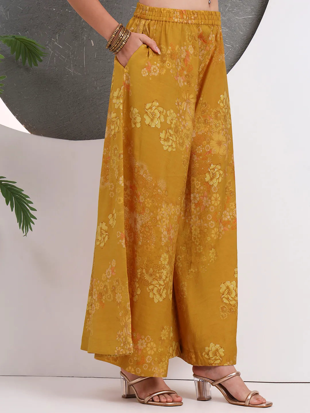 Mustard Silk Blend Halter Neck Kurta Palazoo Set