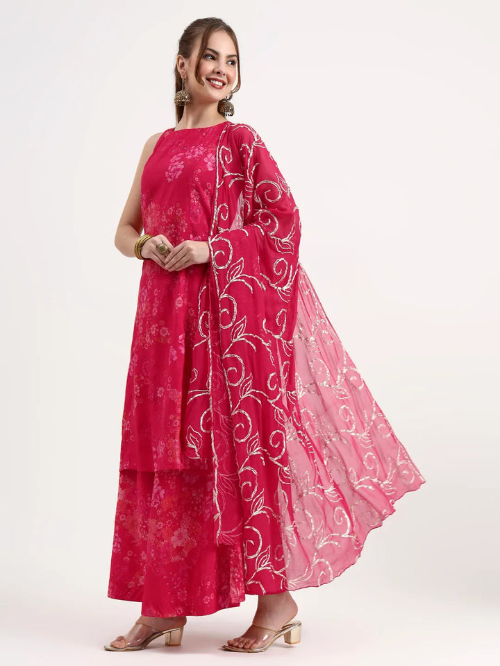 Pink Silk Blend Boat Neck A-Line Kurta Palazoo Set