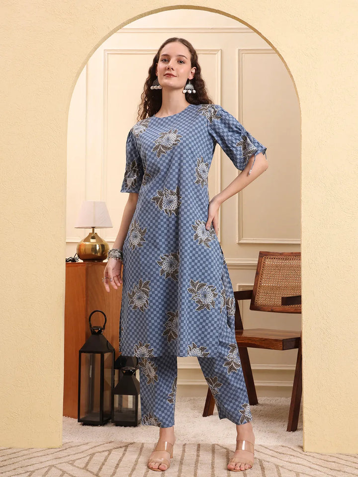 Blue Checked Print Straight Kurta Trouser Set